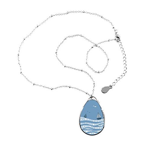 Collier pendentif goutte peinture de vague marine et bateau dessin animé avec chaîne