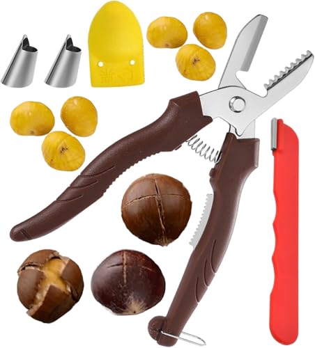 栗むき器セット、皮むきハサミ、栗の鋏、栗の鬼皮剥き、栗カッター、栗の皮をむく道具、ピーラー、フィンガーカフ付き、渋皮むき器付き、シャープナー付き (ブラウン)