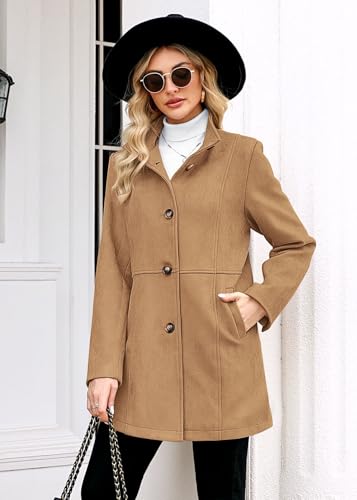Womens Winter Suede Coat Stand Collar Single Breasted Overcoat with Pockets Mid Length Trench Coats4