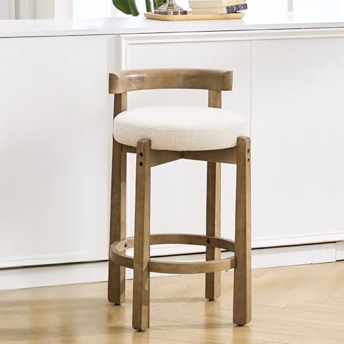 Image of CIMOTA 26.5 inch Counter Height Bar Stool, Mid Century Modern Low Back Bar Chair with Solid Wood Legs & Linen Upholstered Seat, Kitchen Island Stool, Beige (Single)