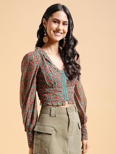 Image of Tokyo Talkies Women's Floral Printed V-Neck Top | Cuffed Sleeves | Elegant & Feminine | Perfect for Work & Casual Chic | Tops for Woman | Women Tops | Women Crop Top