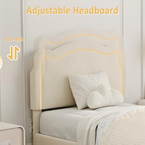 Image of Velvet Upholstered Princess Bed Frame with RGB LED Smart Light, Adjustable Bear Headboard, Wooden Slat Support, No Box Spring Needed, Noise-Free, Easy Assembly, Twin Size for Kids,Twin Beige