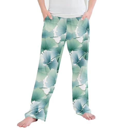 Ginkgo Biloba Green Leaf Long Pajama Pants Elastic Waist PJ Bottoms with Pockets S A110116