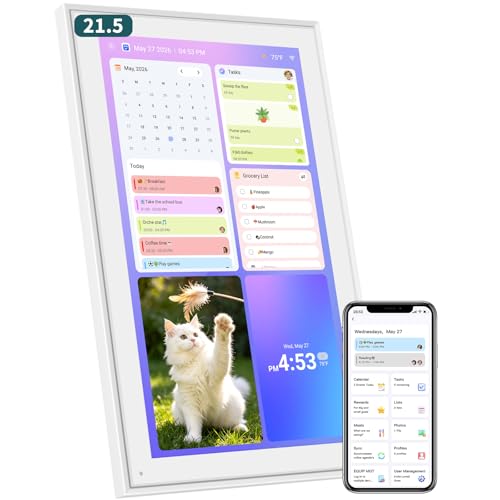 21.5 Inch Digital Wall Calendar – Rewards for Chores! Smart Electronic Family Organizer with Touchscreen, Meal Planner & Photo Frame, Syncs with Google/iCloud, for Wall or Desk, White (New Version)