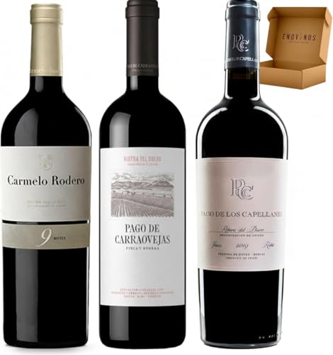 Pack Vinos Ribera del Duero - Envio 24h - Vinos Regalo - 3 x Botella 75 cl - Carmelo Rodero 9 Meses, Pago de Carraovejas, Pago de los Capellanes Roble - Mejor Seleccion ENOVINOS THE WINE BRAND