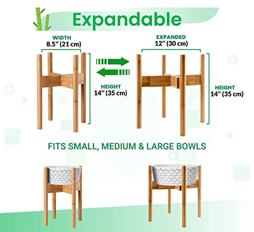 Bamboo Dog Bowl Stand for Large Dogs - Food and Water Feeder Holder - Adjustable, Lockable Width 8"-11" Wide, (Height 14" Tall) - Collapsible and Portable - Image 3