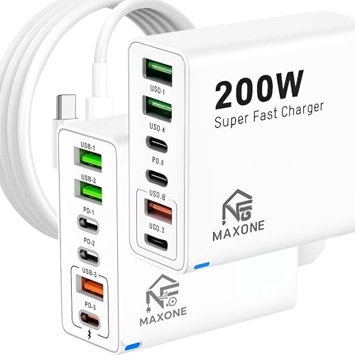 Pack 2 Cargador USB C 200W, Cargador iPhone Carga Rapida Enchufe Múltiple USB Enchufe USB C Rápido Pared Adaptador Tipo C Movil para iPhone 17 16 15 14 13 12 Pro MAX Plus,Samsung Carga Rápida 200W