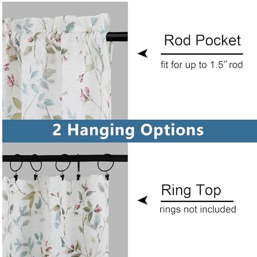 Image of Chyhomenyc Roman Cafe Curtains 24 Inch Length, Linen Blend Textured Small Half Window Curtain, Leaf Floral Printed Light Filtering Short Curtains for Kitchen Bathroom, 28Wx24L inches, 2 Panels