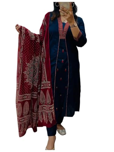 Image of ANNI Designer Navy Blue Pure Cotton A-Line Kurta Pant Dupatta Set for Women | Embroidery 3 Piece Suit with Straight Pants & Matching Dupatta | Festive Office Ethnic Wear