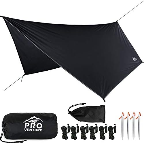 Pro Venture Waterproof Hammock Rain Fly [12ft x 9ft] - Portable Large Camping Tarp - Premium Lightweight Ripstop Nylon Cover - Fast Set Up + Accessories - A Camping Gear Essential! 12x9 ft HEX Shape