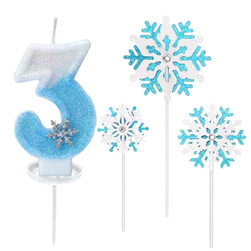 Candeline Compleanno 3 Anni, Candele per Torta blu bianche, Candele di Compleanno con Numero di Fiocco di Neve e Argentato Glitter, candelina 3 anni per Ragazze Torta Compleanno