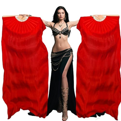 Rivoxi - Belly Dance Fans 1.8m (Left & Right) - Red Artificial Silk Hand Fans with Bamboo Frame for Beginners - Best Deal on Amazon