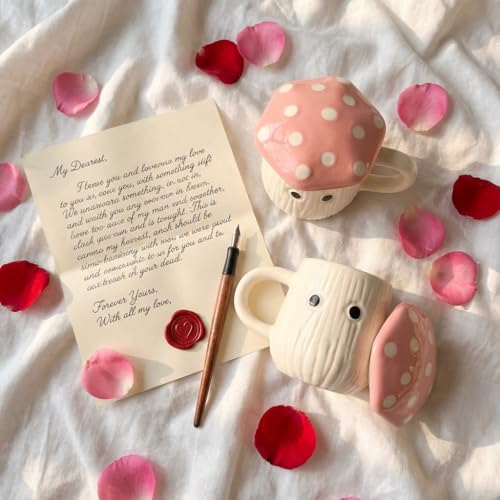 Image of Pink Mushroom Ceramic Mugs with Lid Set of 2 | 300ml Coffee Tea Cups Polka Dot | Microwave Dishwasher Safe | Valentine Couple Gift | Home Decor Kitchen Dining Handmade India