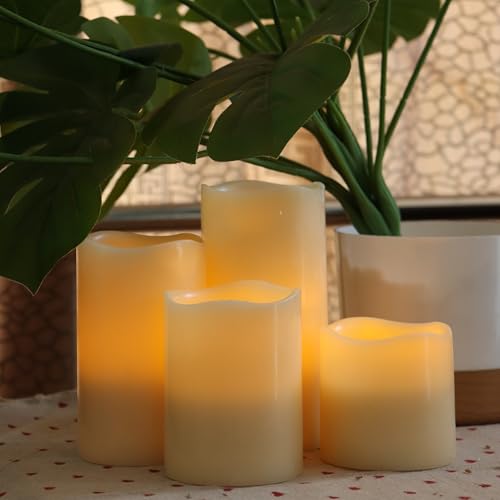 Image of CANDLE CHOICE Real Wax Battery Operated Flameless Candles with Remote Automatic Daily Cycle Timers Realistic Flickering Electric LED Pillars Wedding Party Halloween Christmas Decorations 4 Pack Ivory
