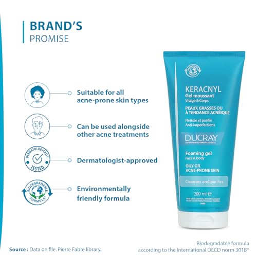 Image of Ducray Keracnyl Foaming Gel 200ml I Facewash for Oily skin, Acne, Pimples |Gentle cleanser I for Men and Women | Reduces Imperfection in 7 days I Mattifying Effect I Dermatologically Tested