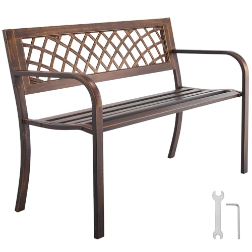 VEVOR Banco de Jardín de Metal 116 cm con Estructura de Acero al Carbono, Respaldo de Malla de PVC, Reposabrazos, Banco para Exterior, Ideal para Patio, Jardín, Parque, Porche, Color Bronce Antiguo