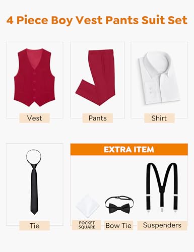 Image of Boys Red Suit 5 Pieces Slim Fit Kids Formal Tuxedo Suit Set for Wedding Ring Bearer, Easter, First Communion, Confirmation, Graduation Little Boys Size 7