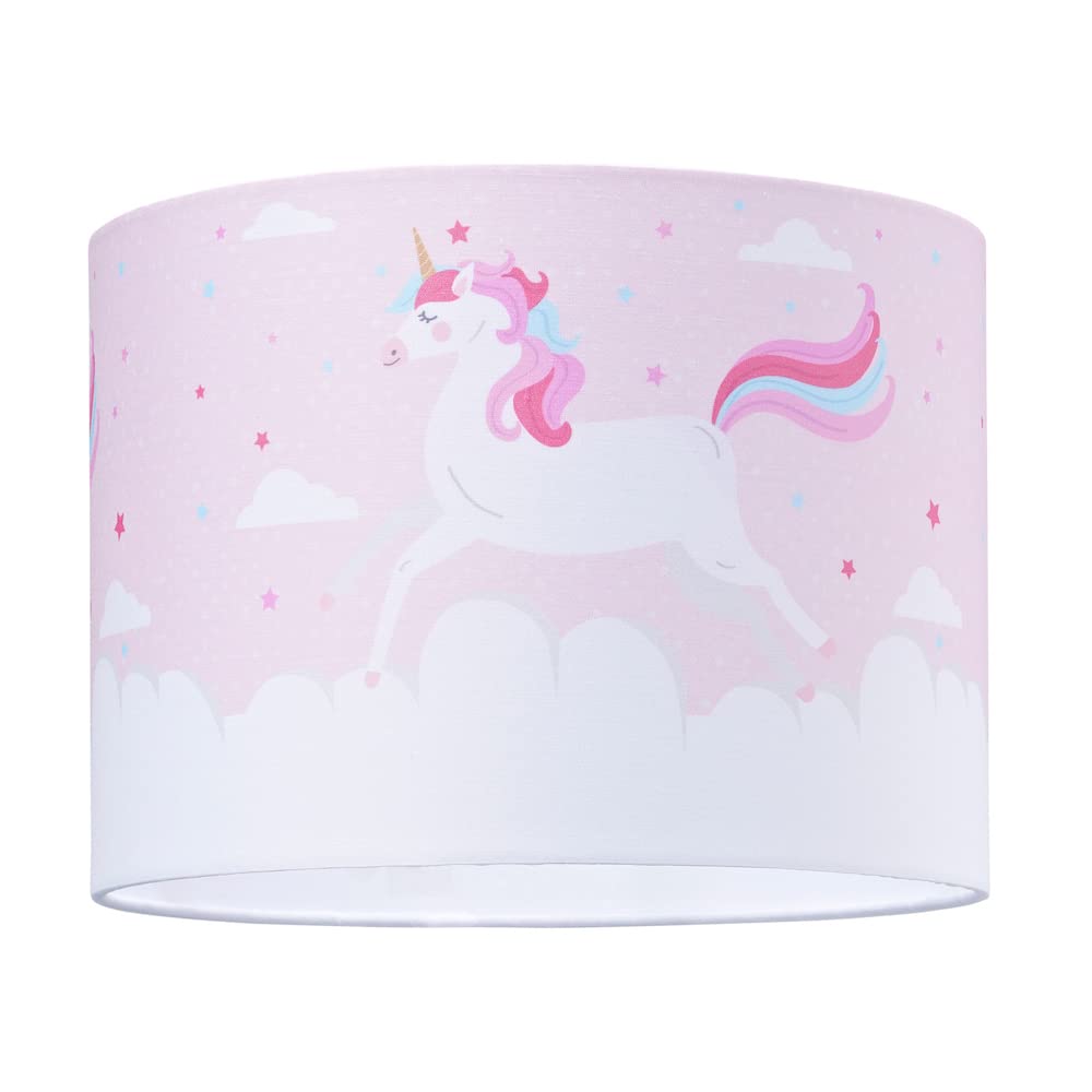 Happy Homewares Pink Beautiful Soft Cotton Lampshade With Dancing Unicorns And Clouds Decoration
