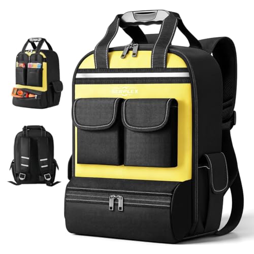 Image of Serplex 17'' Tool Organizer Backpack 1200D Polyester Tool Bag Organizer with 18 Pockets, Closable Handle, Freestanding Tool Storage Backpack for Electricians, Plumbers, Mechanics & DIY, 12x9.5x18''