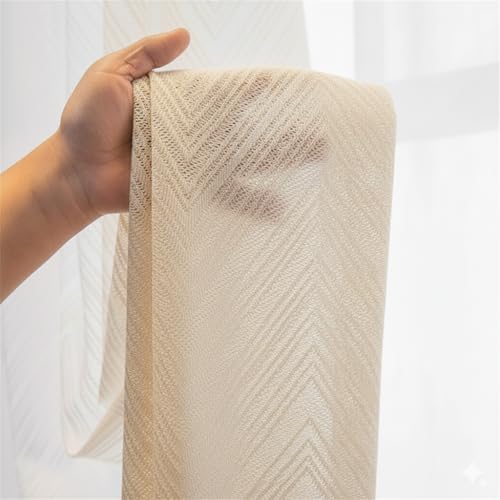 Image of Net Curtains Semi Transparent Sheer Zigzag Pattern Door Curtain 9 Feet Long Set of 3 Pcs, Window, Long Door, Living Room Parde, Cream Color