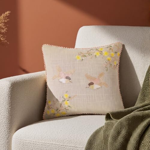 Image of haus & kinder Cushion Cover 16 x 16 Inch | Embroidered Decorative Cushion Cover for Sofa, Bed & Home Decor | Arbor Wing Beige | Pack of 1