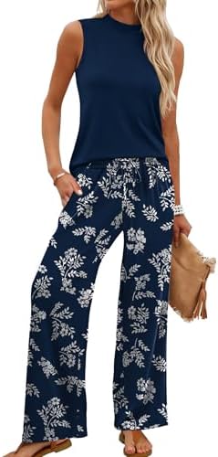 WIHOLL Two Piece Set for Women Summer Spring Outfits Cruise Travel Airport Beach Vacation Trendy Lounge Sets Mock Neck Matching Women Clothing Wide Leg Pants Set M