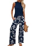 WIHOLL Two Piece Set for Women Summer Spring Outfits Cruise Travel Airport Beach Vacation Trendy Lounge Sets Mock Neck Matching Women Clothing Wide Leg Pants Set M