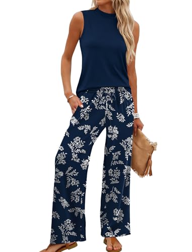 WIHOLL Two Piece Set for Women Summer Spring Outfits Cruise Travel Airport Beach Vacation Trendy Lounge Sets Mock Neck Matching Women Clothing Wide Leg Pants Set S