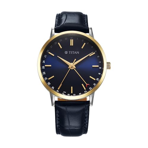 Image of Titan Elegance Analog with Date by Hand and Blue Dial Blue Leather Strap Watch for Men - 90202BL01
