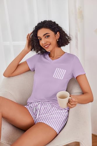 Image of Ekouaer Womens Pajama Sets Short Sleeve Pajamas for Women Sets Soft Lounge Sets Casual V Neck Sleepwear PJS