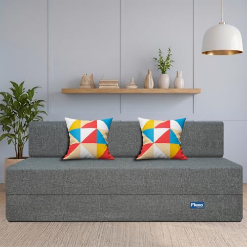 Image of Starlon 3 Seater Foldable Sofa Cum Bed 3-in-1 with 2 Geometrical Pattern Pillows, Washable Jute Fabric Cover, Space Saving Guest Bed, Ash Gray 6x6.5 Ft