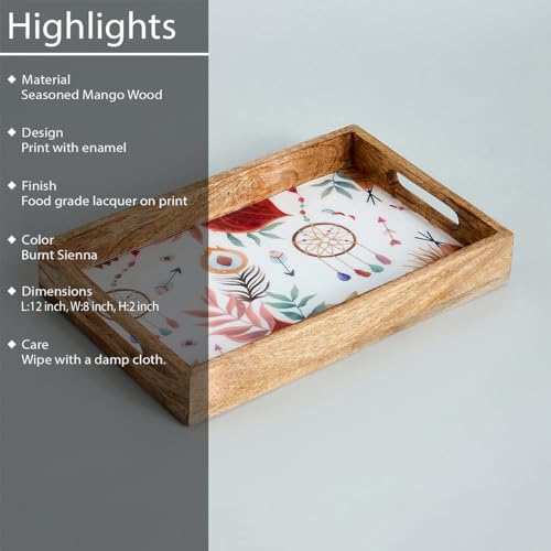 Image of SAAGA Rectangle Deep Dish Tray with Double Handle for Snack Serving in Attractive Prints - 12 Inch X 8 Inch - Mango Wood Kitchen Dining & Decoratives, Burnt Sienna