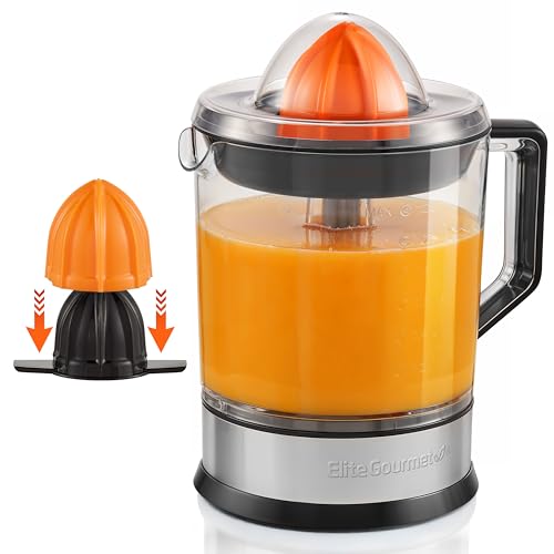 Elite Gourmet ETS740 BPA-Free Electric Citrus Juicer with 2 Cones, Compact, Large Volume, Pulp Control, Oranges, Lemons, Limes, Grapefruits with Easy Pour Spout, 1.2L, Black/Stainless Steel