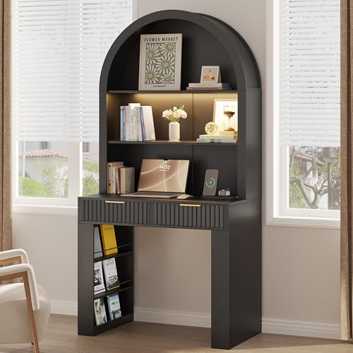 ZKIODV Arched Writing Desk with Hutch Home Office Desk with 2 Drawers Secretary Desk with Outlets 3 Color LED Lights Open Shelves Computer Desk for Small Space Bedroom 35.4 W x 70.8 H (Black)