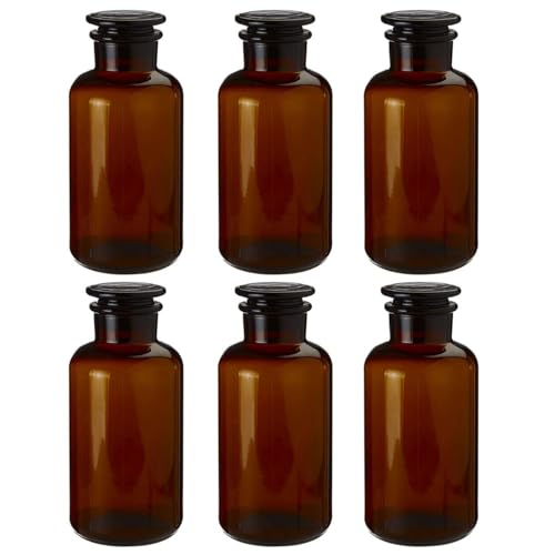 UNIQUE HOME LIVING Apothecary Jar Set of 6 Reagent Bottles, 250ml Amber Glass Storage Jars with Lid, Reusable Vintage Refillable Container for Essential Oils, Bath Salts, Lotion, Perfume