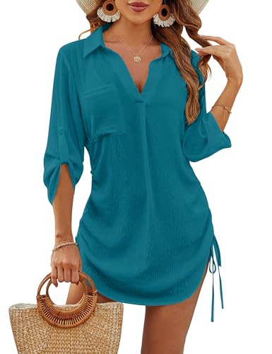 Image of Blooming Jelly Womens Bathing Suit Cover Ups Bikini Swimsuit Coverup Drawstring Beach Dress Shirt