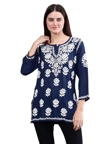 Image of Seva Chikan Hand Embroidered Lucknowi Chikankari Modal Short Top for Women SCL9147