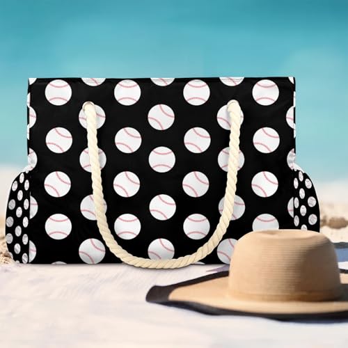 Baseball Black Tote Beach Bag for Women with Zipper Large Waterproof Sandproof Swim Pool Bag 6