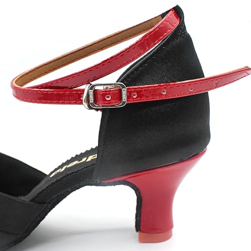 Women's Latin Salsa Dance Shoes,Black Satin Ballroom Heels,Cross-Strap Professional Practicing Shoes3