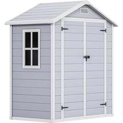 DWVO 6x4 FT Resin Storage Shed with Reinforced Floor, Outdoor Storage Shed with Lockable Door, Window and Vents, Waterproof Plastic Tool Storage for Garden, Backyard, Patio, Lawn