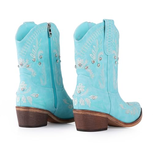 Image of Rhinestone Ankle Cowboy Boots for Women Embroidered Short Cowgirl Boots with Low Heel Side Zipper Comfortable Chunky Heel Western Booties for Prom Party Wedding Pull On Shoes