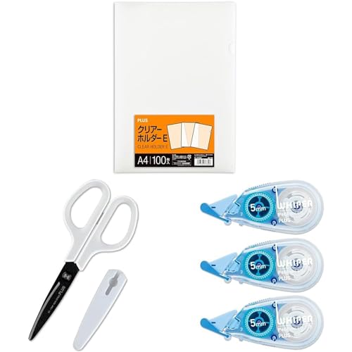 【セット買い】プラス クリアファイル クリアホルダー E A4 100枚 0.18mm 透明 (乳白)クリアー FL-270HO 88ー136 + はさみ フィットカットカーブ フッ素コート 粘着テープ のり ベタつかない 30度 SC-175SF ホワイ