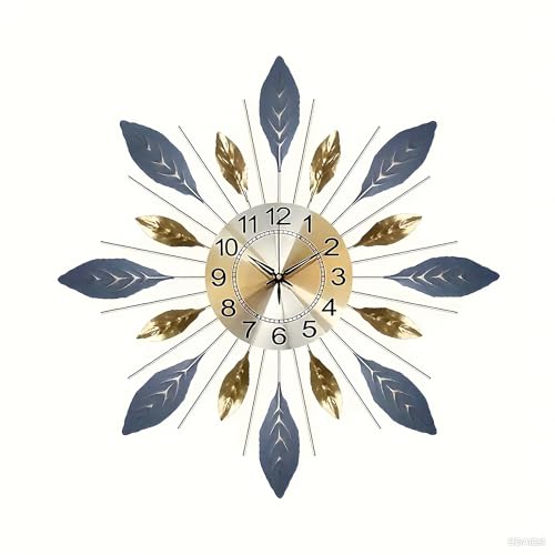 CAOMEIYIN Large 21.6 inch (55 cm) Wall Clock for Living Room Decor,Silent Non,Ticking Modern Metal Leaf Design,Decorative 3D Wall Clock in Blue Gold Color
