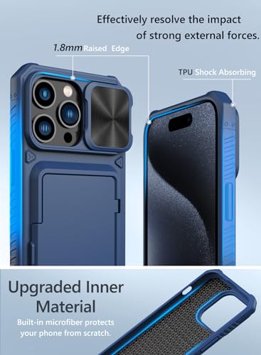 Image of Vihibii Polycarbonate For iPhone 15 Pro Max Wallet Case With Slide Camera Cover & Card Holder (4 Cards) & Kickstand, Hard Case For iPhone 15 Pro Max 6.7 inch, Blue