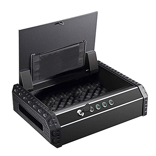 Dalmbox Gun Safe for 2 Pistols, California DOJ Certified Quick Access Handgun Safe Next to the Bed, Handgun safe for Nightstand, Pistol Lock Box with Keypad & Key Lock 14.5'' X 10.8” X 3.9”