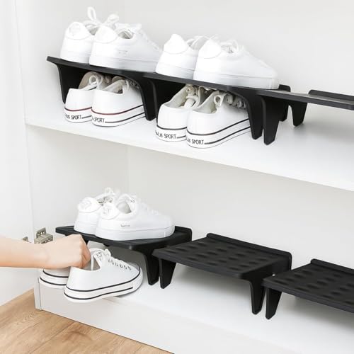 Image of NYALKARAN Plastic Shoe Organizer Stand Space Saver Shoe Storage Rack Double Layer Free Standing Shoe Slipper Stacker (Black, Set of 8)