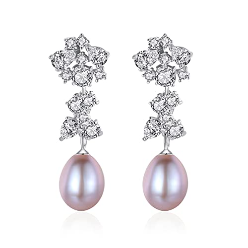 Quakerbird Freshwater Cultured Genuine Pearl Drop Earrings For Women Sterling Silver 9-10Mm Pearls Tennis Cluster Cz Dangle Stud Earrings Wedding (01, Purple) #TOP1