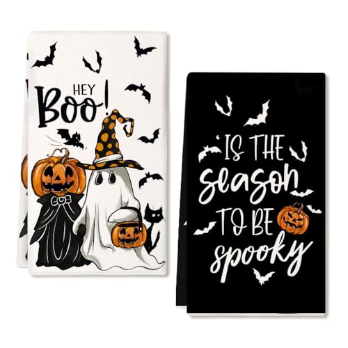 ARKENY Pumpkin Ghost Halloween Kitchen Towels Set of 2 Black Bat Boo Dish Towels 18x26 Inch Farmhouse Home Indoor Vintage Party Decoration AD394