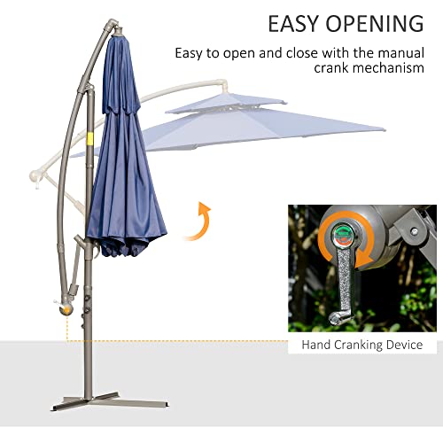 Outsunny 9' Offset Patio Umbrella With Base, Steel Hanging Cantilever Umbrella, 2-Tier Easy Tilt Polyester Shade, 8 Ribs, Crank, Cross Base, Dark Blue #TOP3