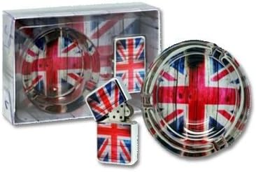 Union Jack Windproof Lighter & Glass Ashtray Set